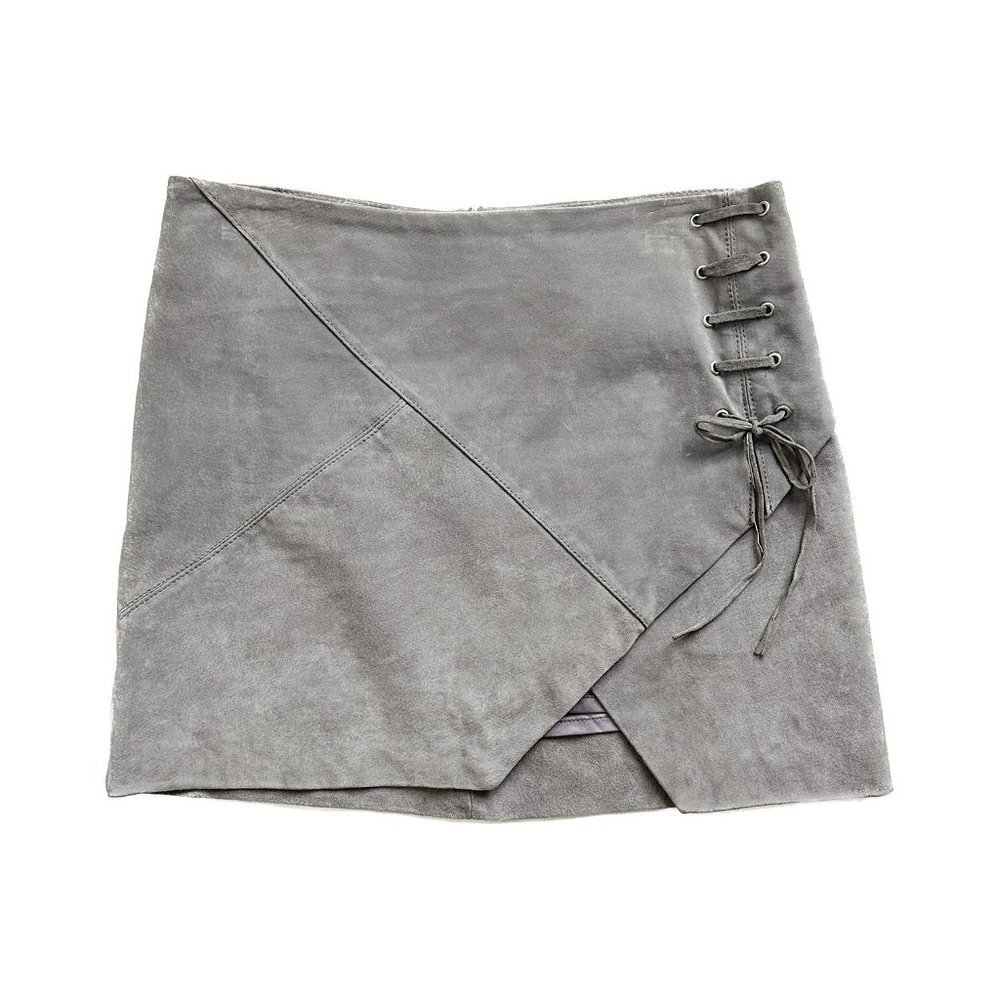BLANKNYC Lace-Up Grey Suede Mini Skirt with Asymmetric Hem - Women's Size 27